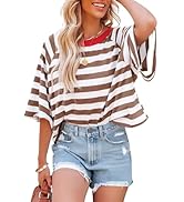 Dokotoo Tops for Women Striped 2026 Fashion T Shirts for Women Color Block Crewneck Design Loose ...