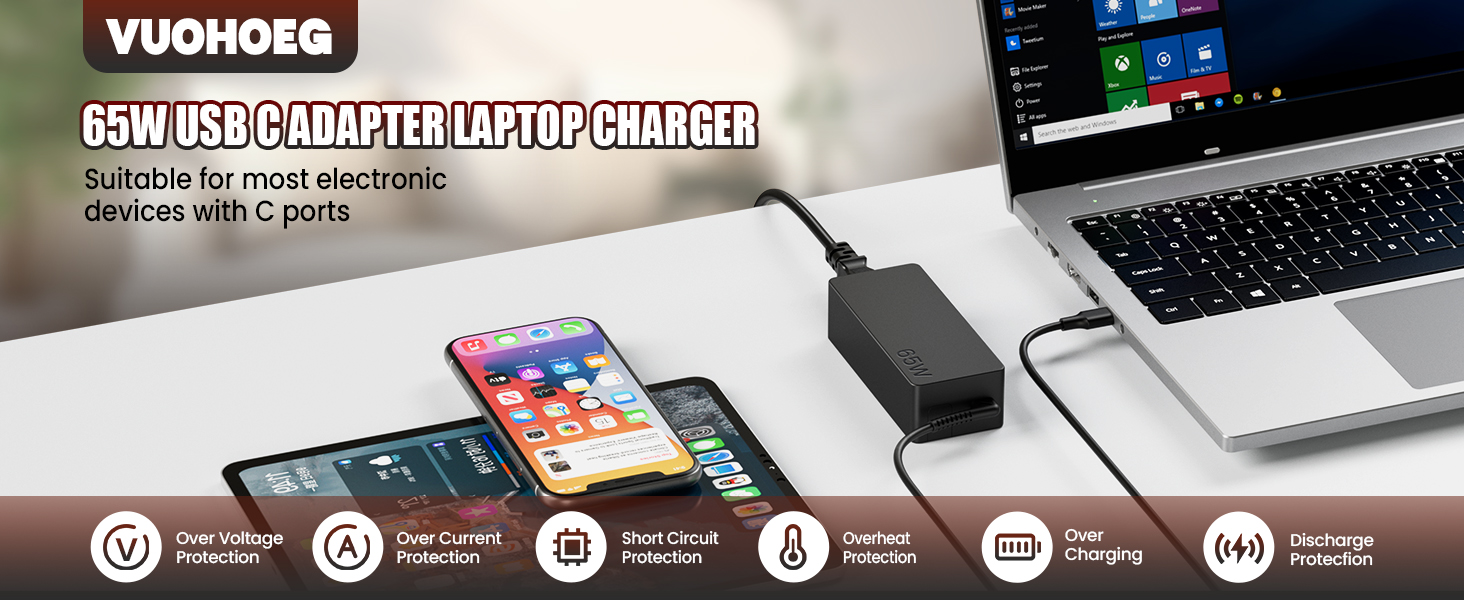 65W USB C Charger for Chromebook Laptop