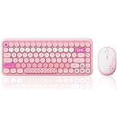 308i Pink Wireless 2.4G Keyboard and Mouse Set, Gradient Cute Round Keycaps for Retro Typewriter,...