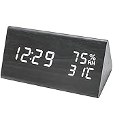 Lancoon Wooden Alarm Clock, Time Date Temperature and Humidity Display 12/24H Sound Activation 3 ...