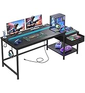 DurayLoly 56 Inch Gaming Desk with Drawers and Shelf,Reversible Computer Desk with LED Lights and...