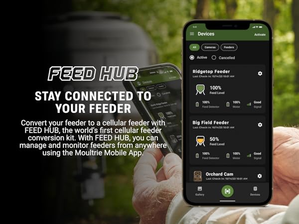 Moultrie app managing feeders remotely with Feed Hub conversion.