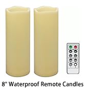 2 PCS 3" x8" Waterproof Outdoor Battery Operated Flameless LED Pillar Remote Candles Flickering P...