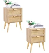 YAUKOMEL Rattan Nightstand Set of 2,Side Table with Hand Made Rattan Decorated Drawers,Boho Bedsi...
