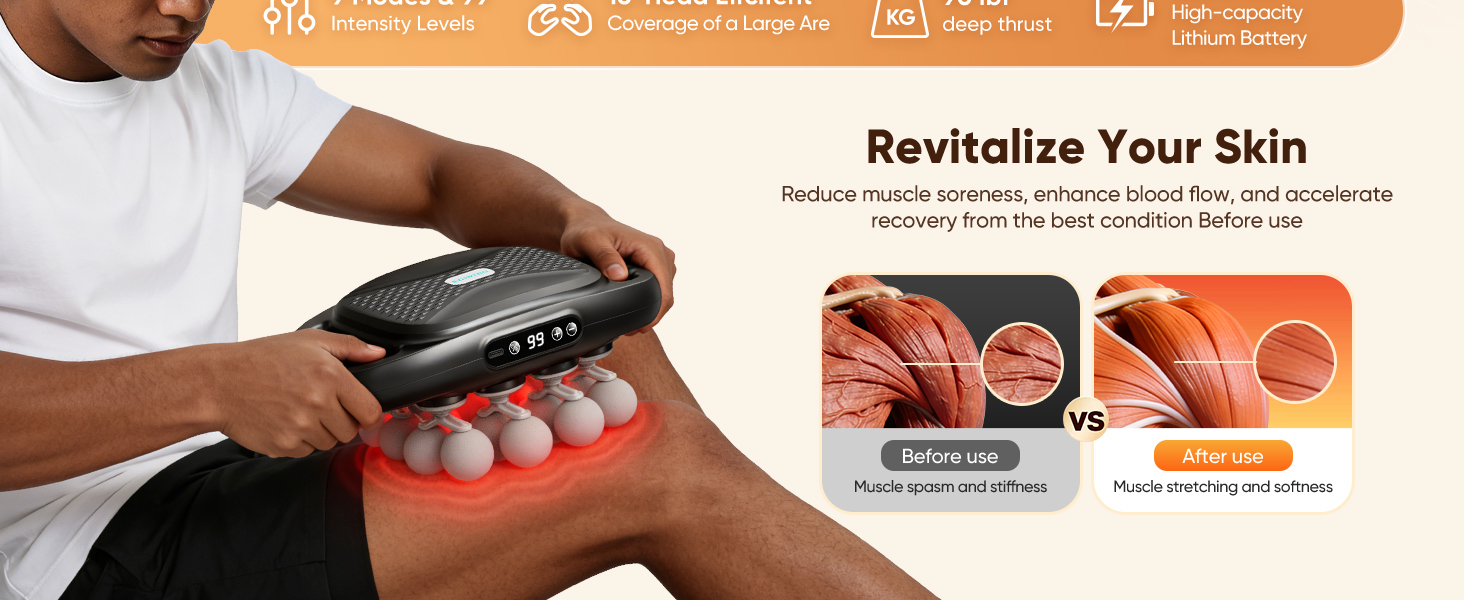 Deep tissue massage gun used on leg muscles to reduce soreness and support workout recovery.