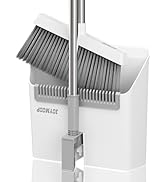 JOYMOOP White Broom and Dustpan Set, Upright Angle Design with Built-in Comb Teeth for Kitchen, O...