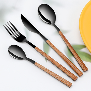 Cutlery Utensils Set with Simulated Wooden Handle Include Knives Forks Spoons Service for 4(black)