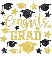 Whaline 6 Sheet Glitter Graduation Window Clings Black Gold Grad Hat Star Double-Sided Congrats G...
