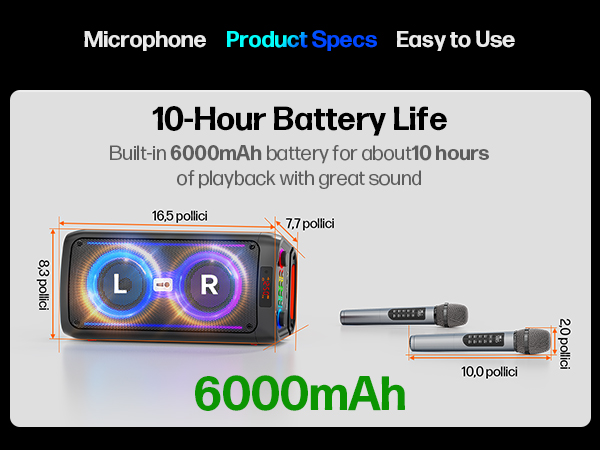 Text reads 'Microphone Product Specs Easy to Use' and '10-Hour Battery Life' '6000mAh'. Product specs show wireless microphone with battery indicator and technical details about playback duration.