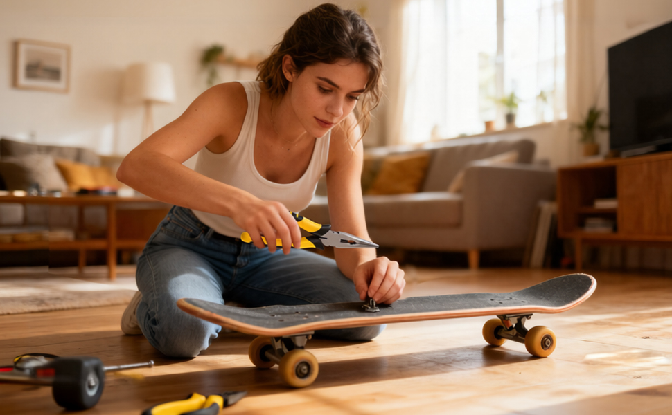 A beautiful woman is repairing a skateboard with a pair of pliers
