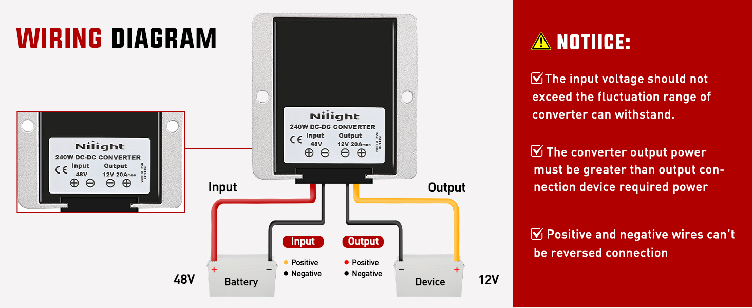 Nilight 240W 48V 36V to 12V 20A DC Converter Regulator Reducer with Fuse