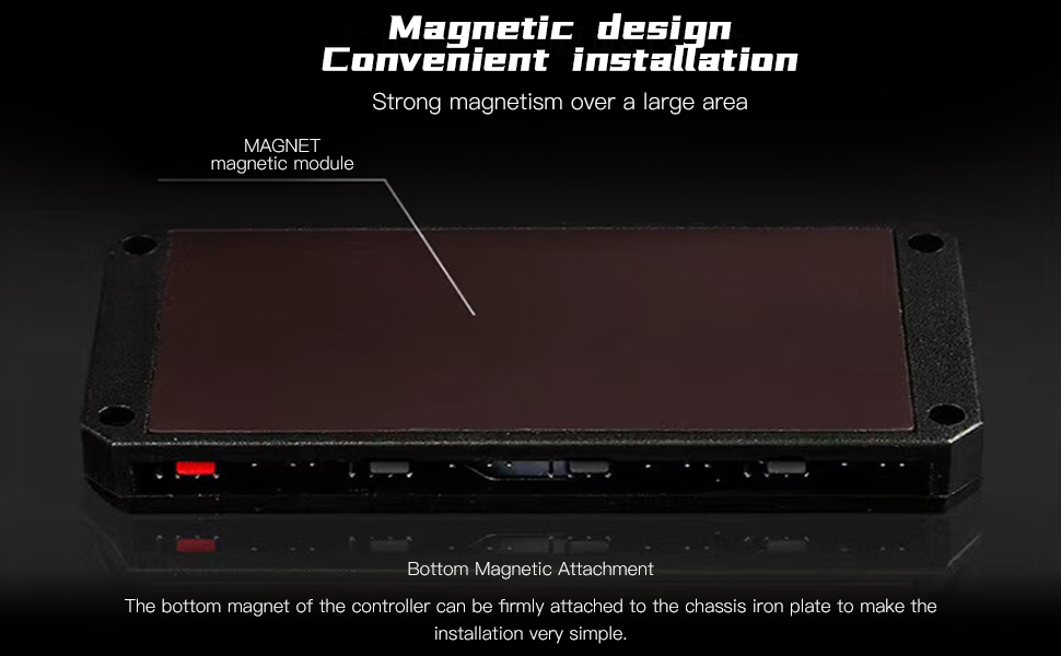 Dark rectangular device with magnetic bottom for easy installation. Features a large magnetic module on top and text describing strong magnetism over a large area.