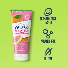 St. Ives Pink Lemon Scrub Product with icons