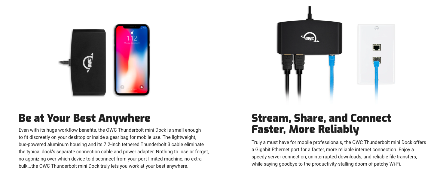 OWC TB mini Dock is small enough to fit inside a gear bag for mobile use
