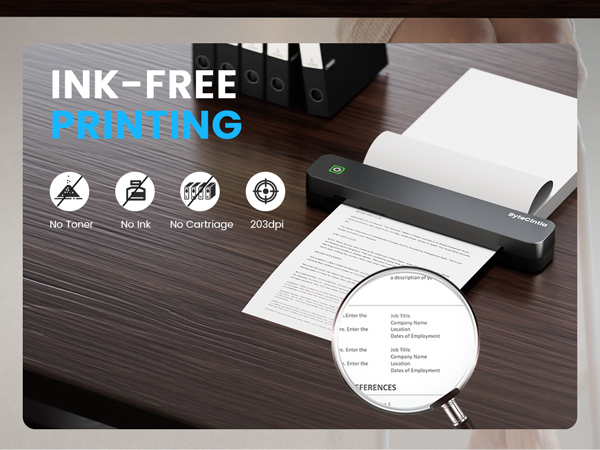 Text reads 'INK-FREE COPYING'. Product demonstration showing scanner or copying device with document and magnified detail view. Four circular icons indicate features.