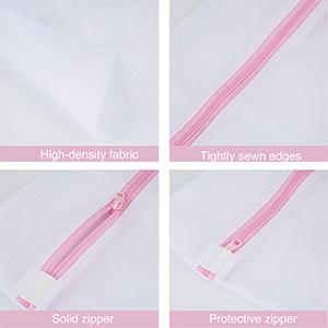 Four-panel image showcasing pink zippers. Panels labeled: 'High-density fabric', 'Teeth count edges', 'Solid zipper', and 'Protective zipper'.