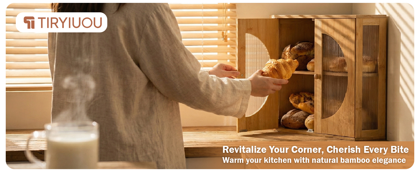 TIRYIUOU Corner Bread Box for Kitchen Countertop Bamboo Storage Container for Homemade Bread