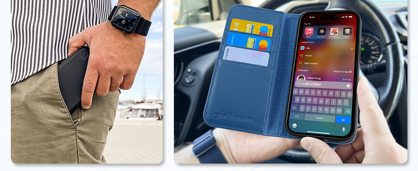 Split image showing wallet being removed from pocket and blue wallet case with smartphone displaying interface, featuring card slots and phone holder functionality.