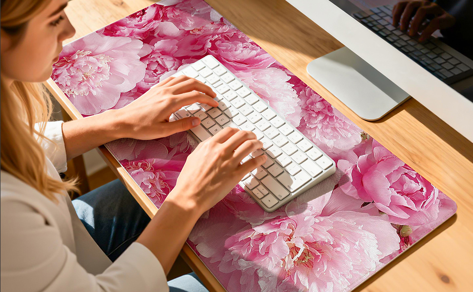 Pink floral desk mat, PU leather, non-slip waterproof extended mouse pad for keyboard