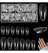600PCS Almond Nail Tips, Clear Full Cover Fake Nails Medium Almond Gel x Tip Pre Etched Soft Gel ...