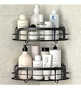 STEUGO Black Corner Shower Caddy Adhesive Bath Corner Caddy Shower Organizer with Hooks Wall Moun...
