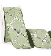 Ribbli Sage Green Fluffy Velvet Wired Ribbon with Glitter 2.5 Inch Christmas Ribbon for Gift Wrap...