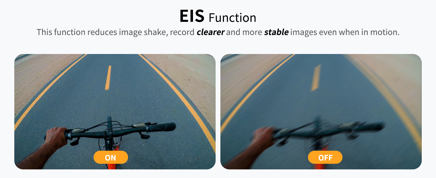 Split image demonstrating 'EIS Function' for image stabilization. Shows clearer, more stable road view with function on versus off while in motion.