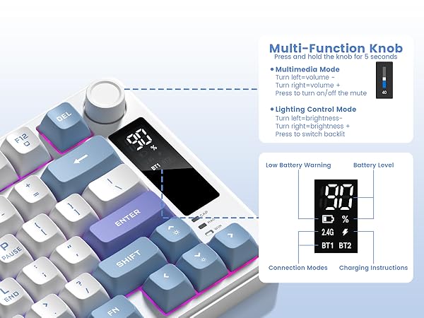 mechanical keyboard featuring a multi-function knob and a small display screen