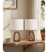 GOEBLESON Wood Table Lamps Set of 2, 14.2" Small Bedside Lamp with Beige Linen Lampshade &amp; Dark P...