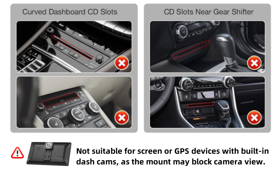 Text reads: 'Console Dashboard CD Slots' and 'CD Slots Near Gear Shifter'. Warning text: 'Not suitable for screen or GPS devices with built-in dash cams, as the mount may block camera view.'