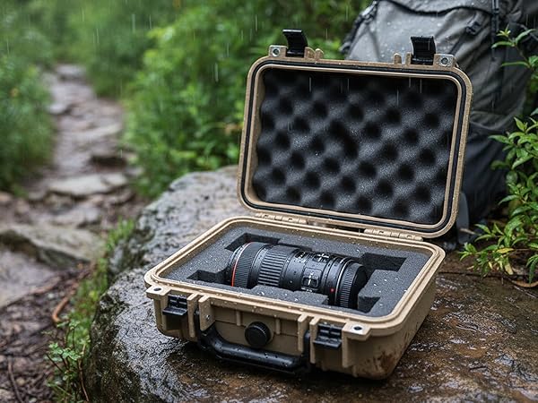 Protective hard case with foam padding interior placed on rocky trail surrounded by green foliage, containing camera equipment.