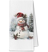 ChissNook Red Plaid Christmas Snowman Kitchen Towels, Winter Christmas Dish Towels Drying Cloth f...