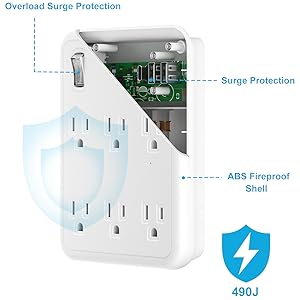 Wall Outlet with USB ports, 6 Outlet Wall Plug Extender with Switch, Wall Surge Protector Outlet