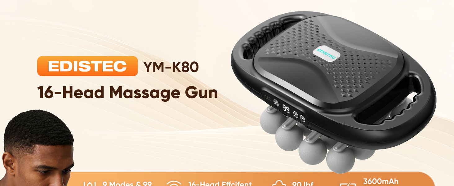 EDISTEC YM-K80 16-head massage gun, deep tissue percussion massager for muscle recovery.