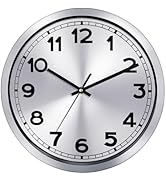 Plumeet Wall Clock, 12 Inch Battery Operated Wall Clock with Silver Aluminum Frame, Non Ticking S...