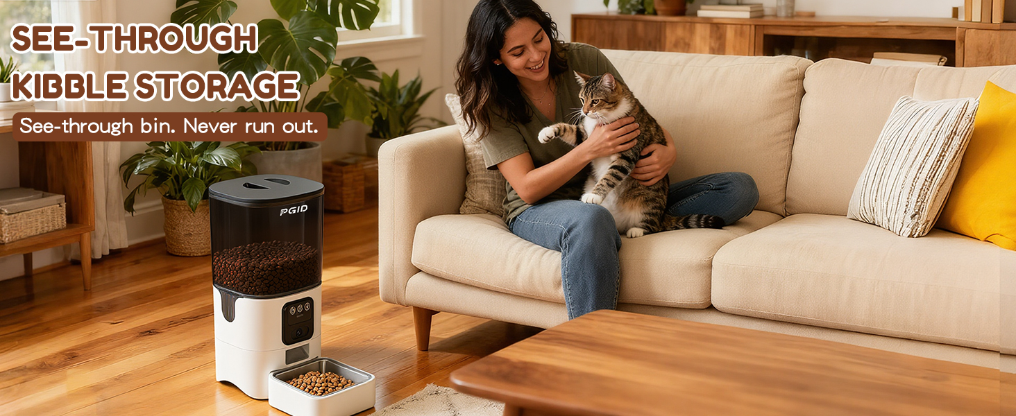 Pet feeder with transparent kibble storage for easy level monitoring.