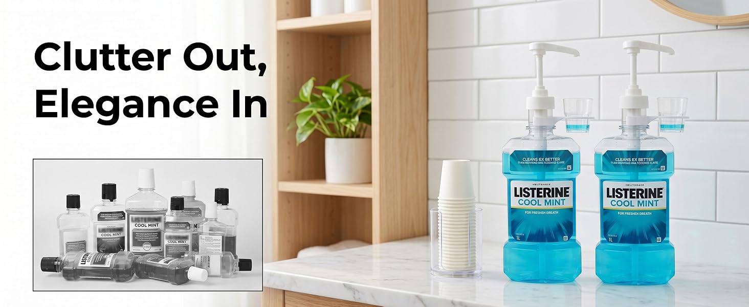 Dispenser Pumps for Listerine 1 or 1.5 Liter Mouthwash Bottles with Cup Holders