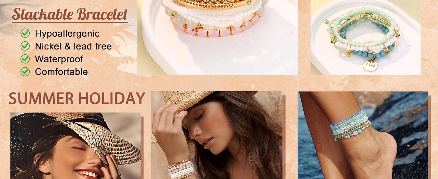 Bohemian Stackable Bead Bracelets for Women Stretch Bohemian Style Multilayered Boho Bracelet