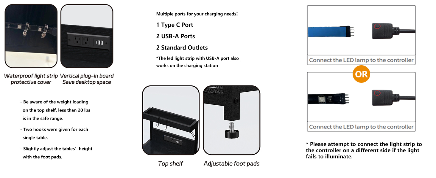 Details: Lights, Charging Port, Hooks, and Adjustable Feet