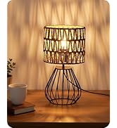 GOEBLESON Small Bedside Lamp, Boho Table Lamp with Handwoven Paper Lampshade &amp; Black Metal Base, ...