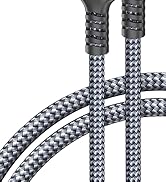 Close-up of braided cable or cord with gray and white woven pattern. Metallic gray connectors or terminals visible at the ends.