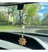 Sun Hanging Car Charm,Green and Gold Rear View Mirror Accessories Cute Boho Dangling Sun Car Deco...