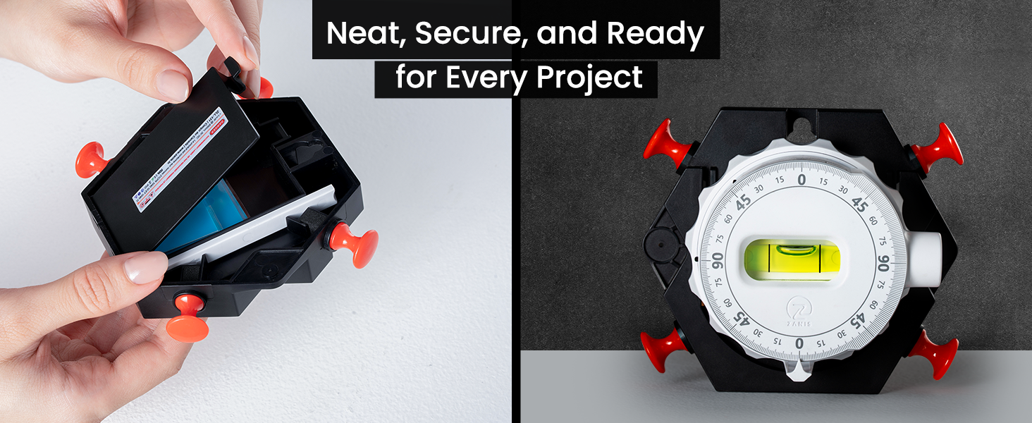 Zanis Laser Level with built-in storage holding accessories for organized projects.