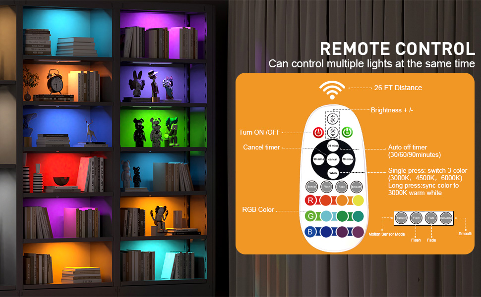 LED RGB Under Counter Night Lights Bar,15 Color Wireless Closet Lights with Remote for Kitchen