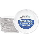 Nicole Home Collection 1200 Count 9-Inch White Uncoated Paper Plates, Disposable Dinner Plates fo...