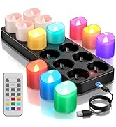 Yme Rechargeable Flameless Colored Tea Lights Candles with Remote Charging Station, 12pcs Battery...