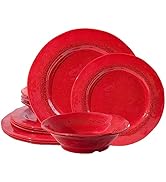 LEHAHA Red Dishes Melamine Dinnerware Sets, Stoneware Reactive glaze look 12 Piece Plates and Bow...