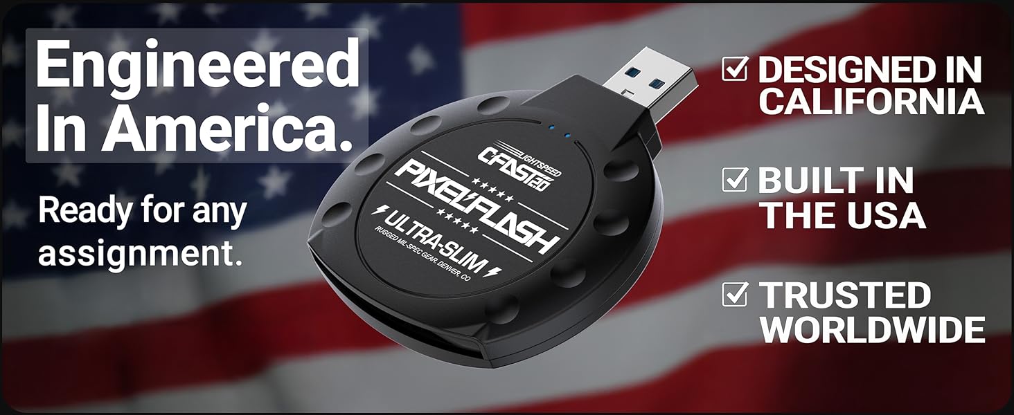 Black PixelFlash Classic USB CFast reader adapter, engineered designed in California, built in USA