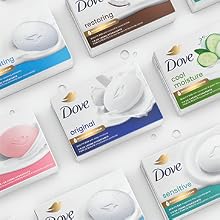 A top-view image that shows several Dove soap bar variants.