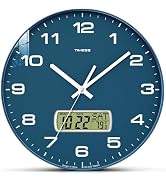 TIMESS Wall Clock, 12" Dial Non-Ticking Silent Battery Operated Analog with LCD Display for Perpe...